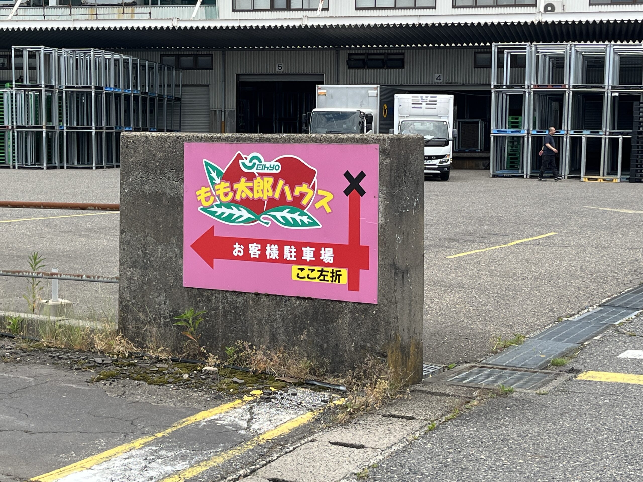 もも太郎ハウス お客様駐車場 ここ左折の案内看板