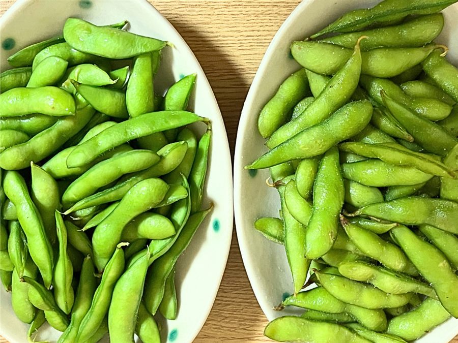くろさき茶豆と普通の枝豆を並べて食べ比べている様子